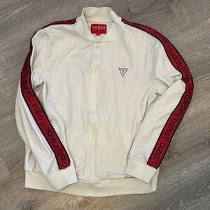 GUESS Men's Zip-Up Sweater in White with Red Trim